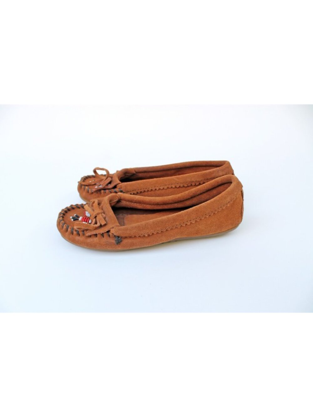 Minnetonka Women's Thunderbird Suede Leather Moccasins Beaded Fringe Tan Size 6 - Picture 4 of 15
